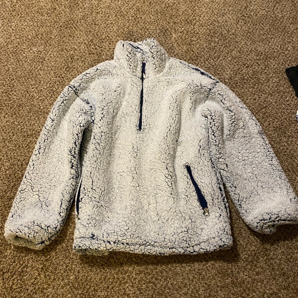 Oversize fuzzy sherpa sweater, blue and white. Size S